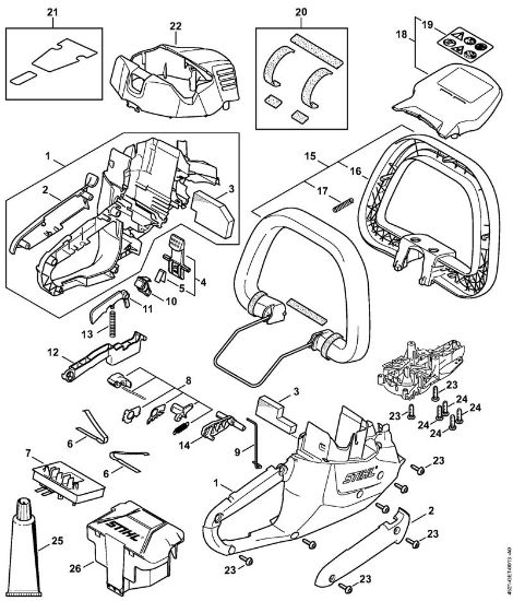 Cortasetos con acumulador (HSA) HSA 56 Carcasa del motor, Módulo electrónico de la marca Stihl