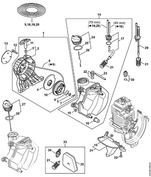 Cortasetos de altura (HL) HL 100 Mecanismo de arranque, Depósito de combustible de la marca Stihl
