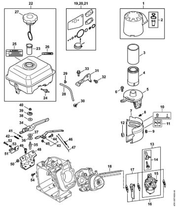 Limpiadora de alta presión a gasolina (RB) RB 600 Depósito de combustible, Carburador, Mecanismo del acelerador, Carcasa del filtro, Filtro de aire de la marca Stihl