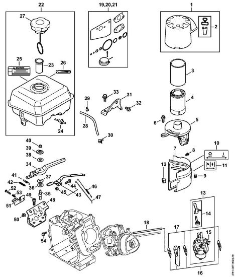 Limpiadora de alta presión a gasolina (RB) RB 600 Depósito de combustible, Carburador, Mecanismo del acelerador, Carcasa del filtro, Filtro de aire de la marca Stihl