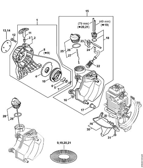 Motores universales (KM) KM 90 R Mecanismo de arranque, Depósito de combustible de la marca Stihl