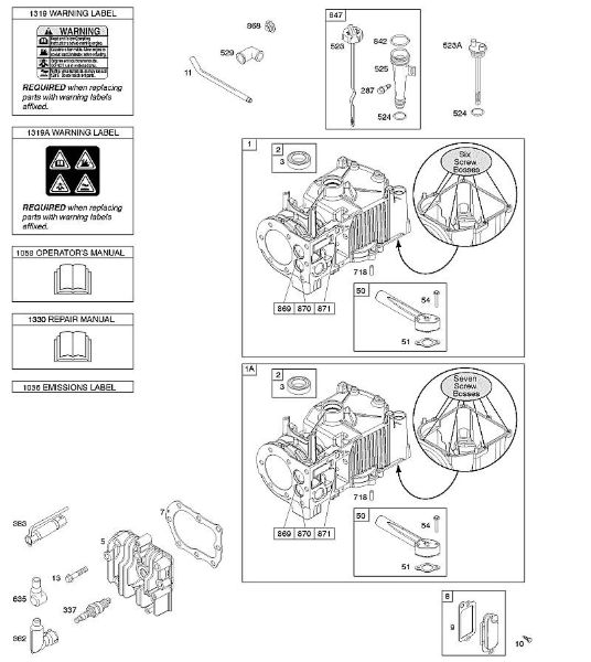 B&S - 09â  09T602-0127-H1 E - Cilindro, culata, lubricación, Manual de usuario, etiqueta de advertencia de la marca Stihl