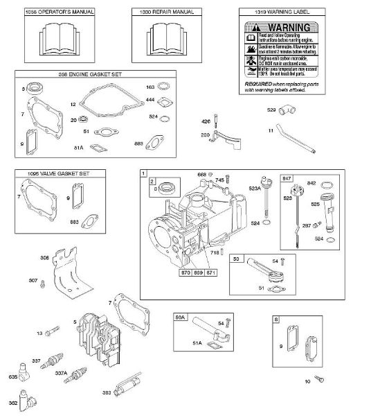 B&S - 10â  10A902-2128-E1 E - Cilindro, culata, juego de juntas motor, juego de juntas válvula, lubricación, Manual de usuario, etiqueta de advertencia de la marca Stihl