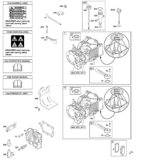 B&S - 10â  10T502-1111-B1 F - Cilindro, culata, lubricación, Manual de usuario, etiqueta de advertencia de la marca Stihl