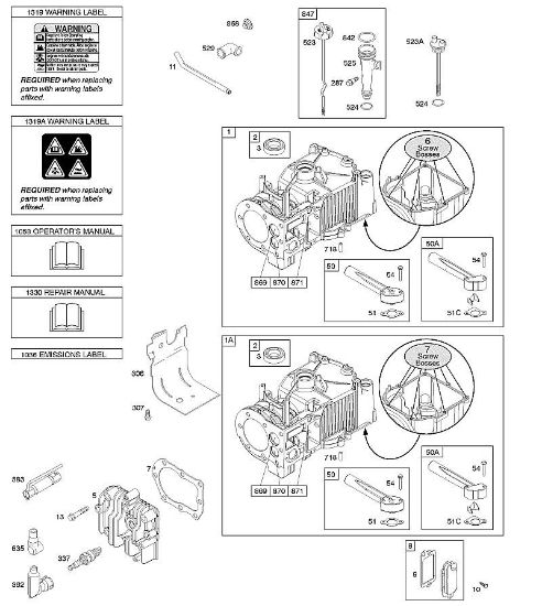 B&S - 10â  10T802-0198-B1 F - Cilindro, culata, lubricación, Manual de usuario, etiqueta de advertencia de la marca Stihl