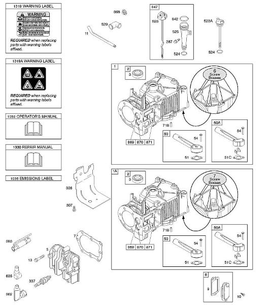 B&S - 10â  10T802-0198-H1 F - Cilindro, culata, lubricación, Manual de usuario, etiqueta de advertencia de la marca Stihl
