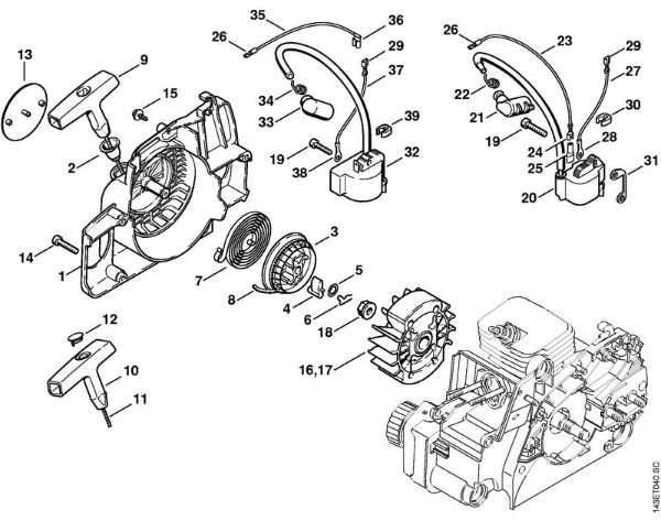 Motosierras de gasolina (MS) 017 Mecanismo de arranque, Sistema de encendido de la marca Stihl