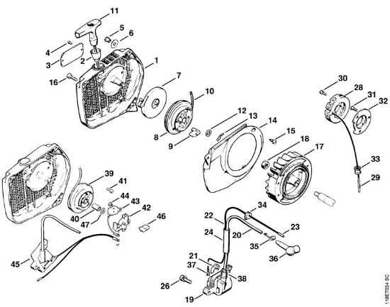 Motosierras de gasolina (MS) 028 W Mecanismo de arranque (Trinquete), Sistema de encendido (Electrónico) de la marca Stihl