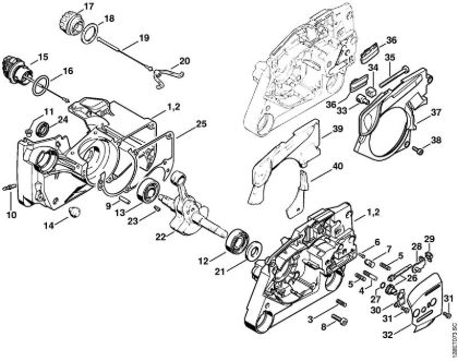 Motosierras de gasolina (MS) 034 Cárter del cigüeóal, Dispositivo tensor de la cadena de la marca Stihl