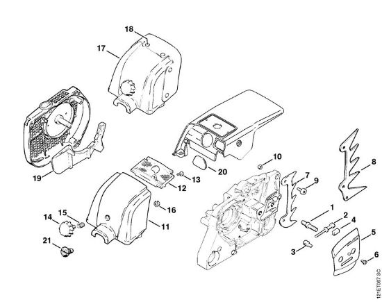 Motosierras de gasolina (MS) 038 FB Dispositivo tensor de la cadena, Tapa de la caja del carburador de la marca Stihl