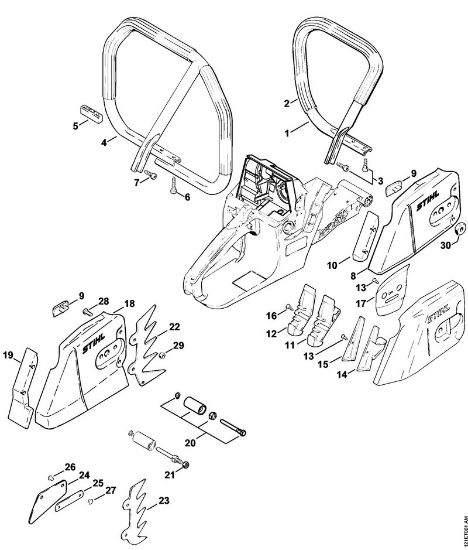Motosierras de gasolina (MS) 038 M Manillar tubular, Tapa del pióón de cadena de la marca Stihl
