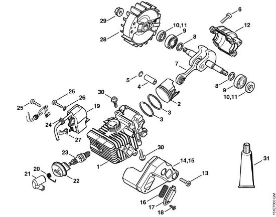 Motosierras de gasolina (MS) MS 192 C-E Cilindro con pistón, Sistema de encendido de la marca Stihl