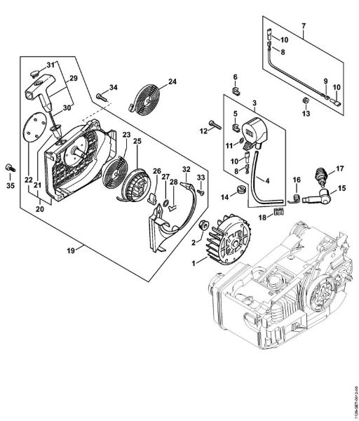 Motosierras de gasolina (MS) MS 200 Sistema de encendido, Mecanismo de arranque de la marca Stihl