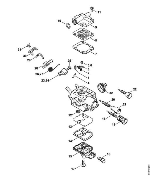 Motosierras de gasolina (MS) MS 201 Carburador C1Q-S250, C1Q-S248, C1Q-S214, C1Q-S188 de la marca Stihl