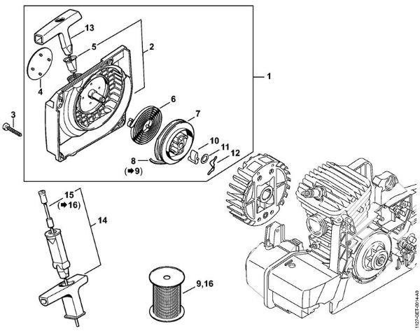 Motosierras de gasolina (MS) MS 290-Z Carcasa del ventilador con mecanismo de arranque de la marca Stihl
