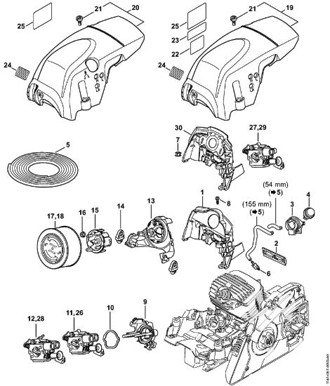 Motosierras de gasolina (MS) MS 291 Conducción de aire, Soporte del carburador, Cubierta de la marca Stihl