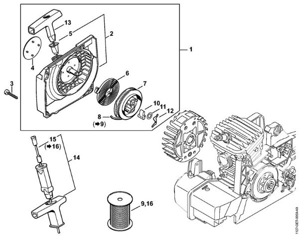 Motosierras de gasolina (MS) MS 310 Carcasa del ventilador con mecanismo de arranque de la marca Stihl