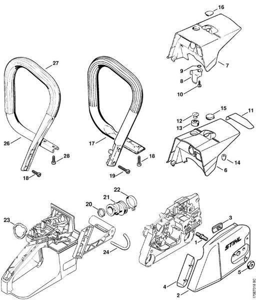 Motosierras de gasolina (MS) MS 340 Tapa del pióón de cadena, Manillar de la marca Stihl
