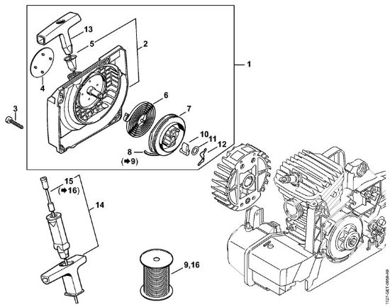 Motosierras de gasolina (MS) MS 390 Carcasa del ventilador con mecanismo de arranque de la marca Stihl