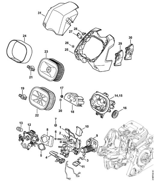 Motosierras de gasolina (MS) MS 441 Soporte del carburador, Filtro de aire de la marca Stihl