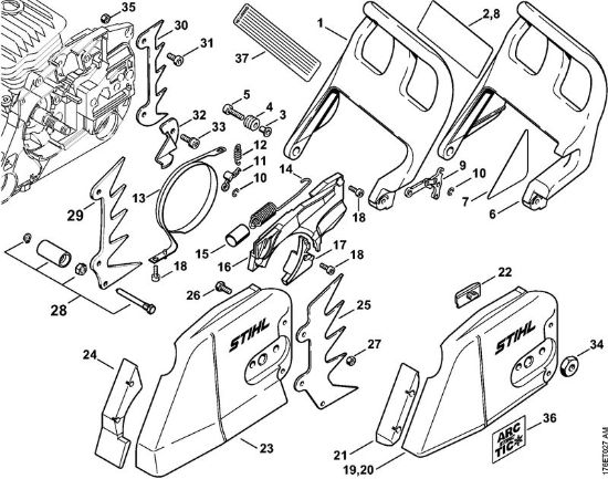 Motosierras de gasolina (MS) MS 460 Freno de cadena,Tapa del pióón de cadena de la marca Stihl