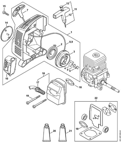 Multimotor (MM) MM 55 Mecanismo de arranque, Silenciador de la marca Stihl