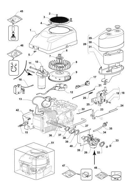 Starter, carburetor and air filter OM 84/14,5 K H Cat. 2018 Garden tractor