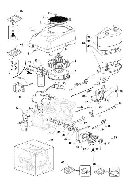 Starter, carburettor and air filter OM 98L/14,5 K H Cat. 2020 Garden tractor